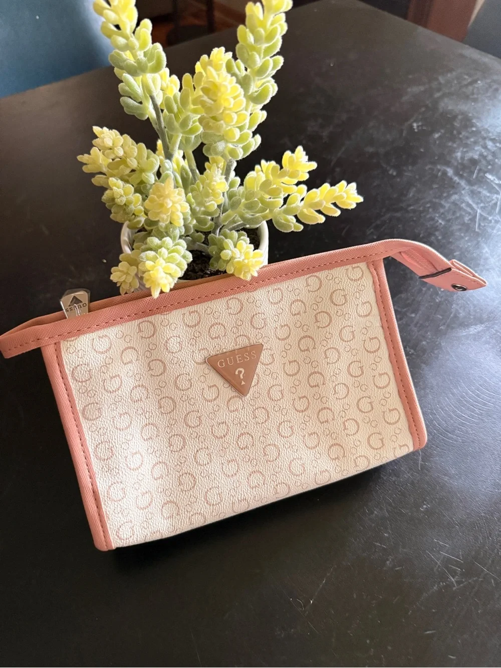 GUESS Cream Logo Wristlet with Pink Trim